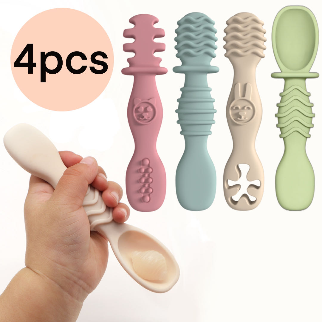 Training Spoon For Babies Over 6 Months Old, Silicone Baby Food Spoon, Christmas Gift Pick, Easy To Grip Tableware 4pc rose Red
