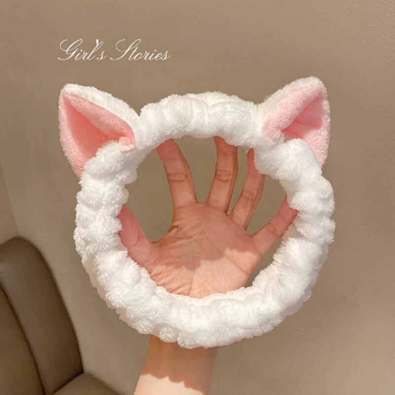 Cute Soft Hair Bow Headband, Coral Plush Hairband Cat, Makeup Wash Face Bandage For Girls pink