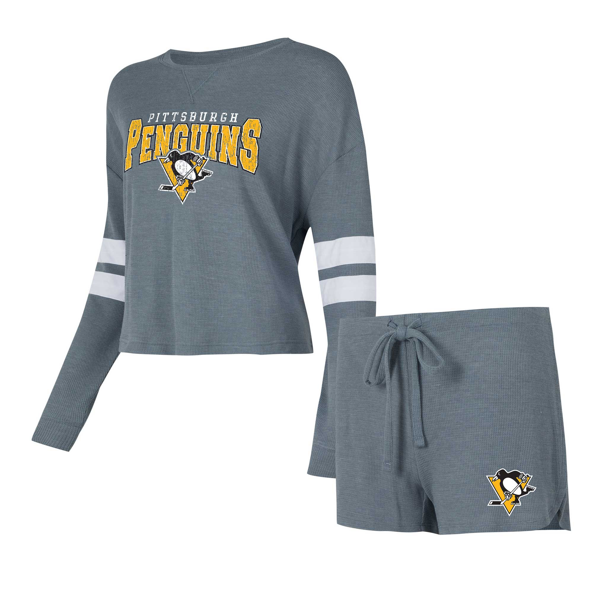 Damen-Schlafanzug-Set von Concepts Sport in Grau mit Pittsburgh Penguins Meadow-Motiv, bestehend aus langärmligem Oberteil und Shorts. Image