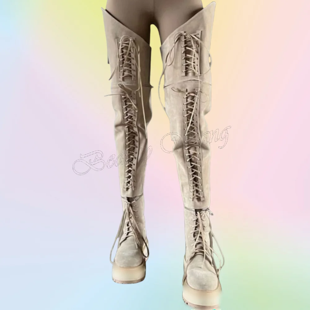 Beige vordere Kreuz-gebundene Stiefel, Oberschenkelhohe Plattform, runde Zehen, lange Schuhe, hohe Absätze, Schuhe für Damen, Schuhe 2025, Zapatos Para Mujere