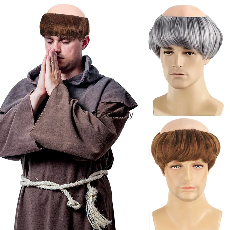 Erwachsene Lustige Mönch Cosplay Glatze Perücke Braun Silber Synthetische Perücke Halloween Karneval Party Alter Mann Kostüm Kopfschmuck Requisiten Image
