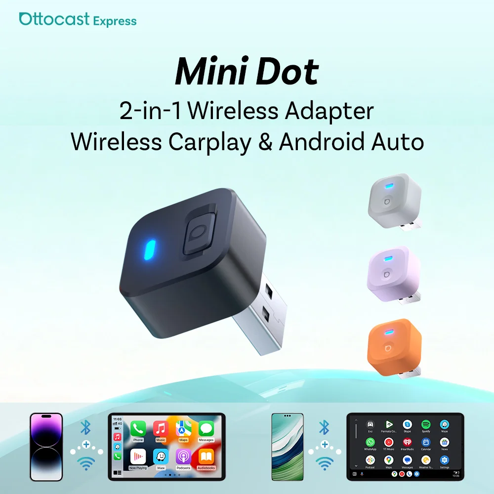 OTTOCAST Mini Dot Wireless CarPlay Android Auto Adapter 2-in-1 USB-Dongle Autozubehör für Totoya VW Benz Chevrolet Hyundai Image