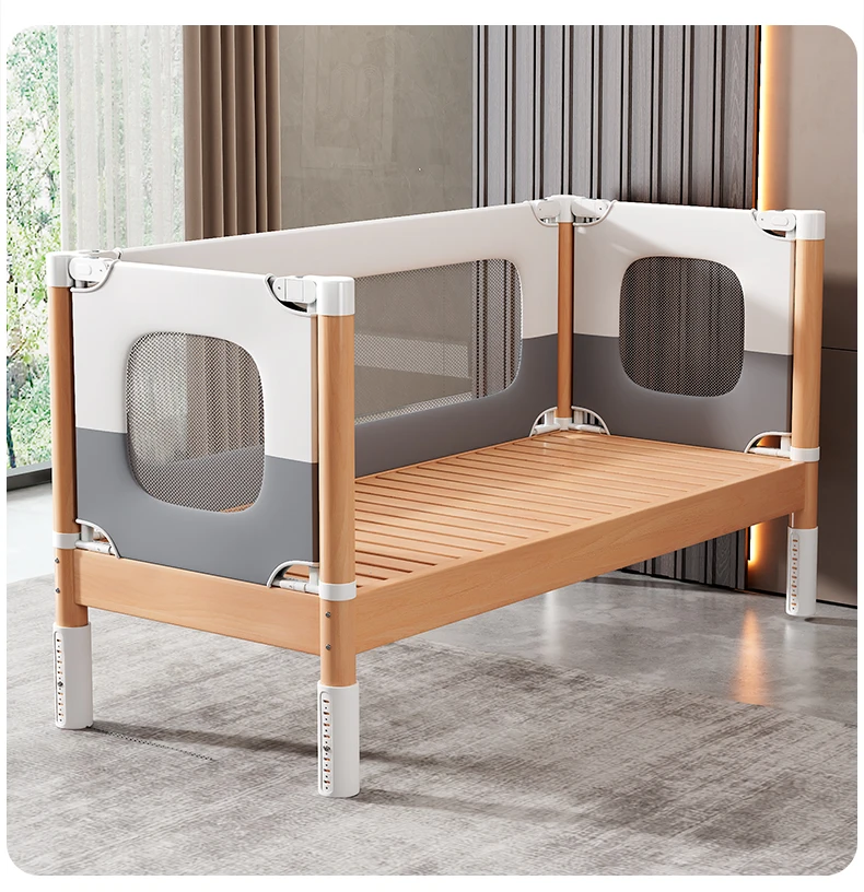 Anpassbares Spleißbett aus massivem Holz, verbreitertes Nachttisch-Flachbett, nahtloses anhebbares Geländer, Baby-Kinderbett Image