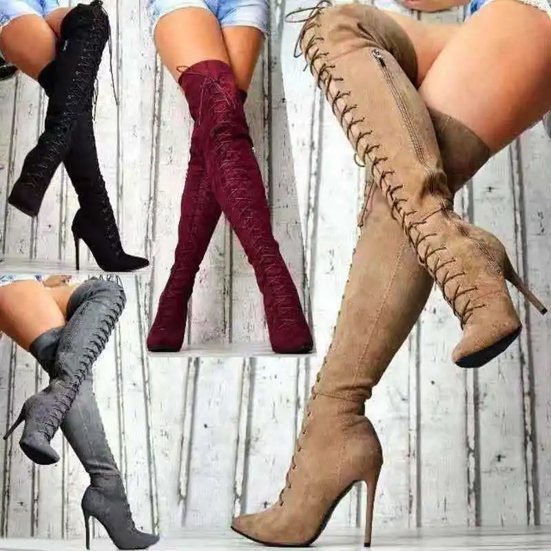 Damenstiefel, spitzer Zehenbereich, Overknee-Stiefel, Herbst-Winter, sexy High Heels, einfarbig, lässiger Stiefel, Schnürung, Stiletto, lange Stiefel