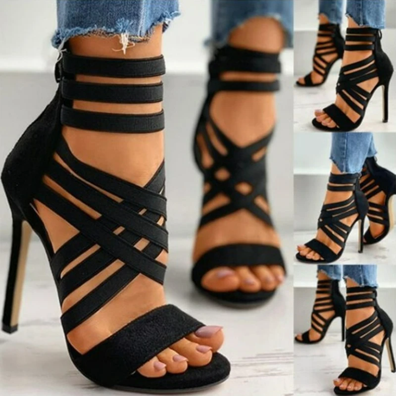 Frauen Sandalen Elastische Band Kreuz High Heels Sexy Peep Toe Pumps Sommer Neue Zurück Zipper Sandalen Schwarz Spitz Frauen schuhe