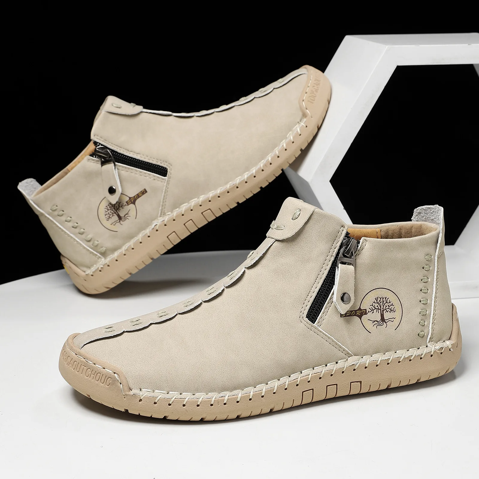 Große Schuhe für Herren, Leder, Freizeitschuhe, Retro, flache Skateboard-Schuhe, modische Slip-on-Loafer mit Reißverschluss