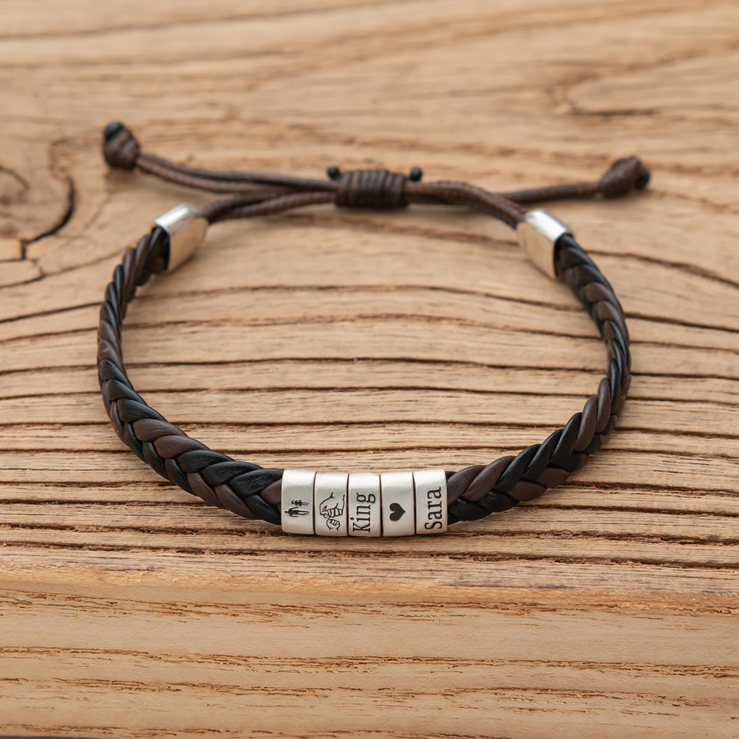 Bracciale intrecciato in pelle personalizzato, perline con nome in argento sterling, regolabile