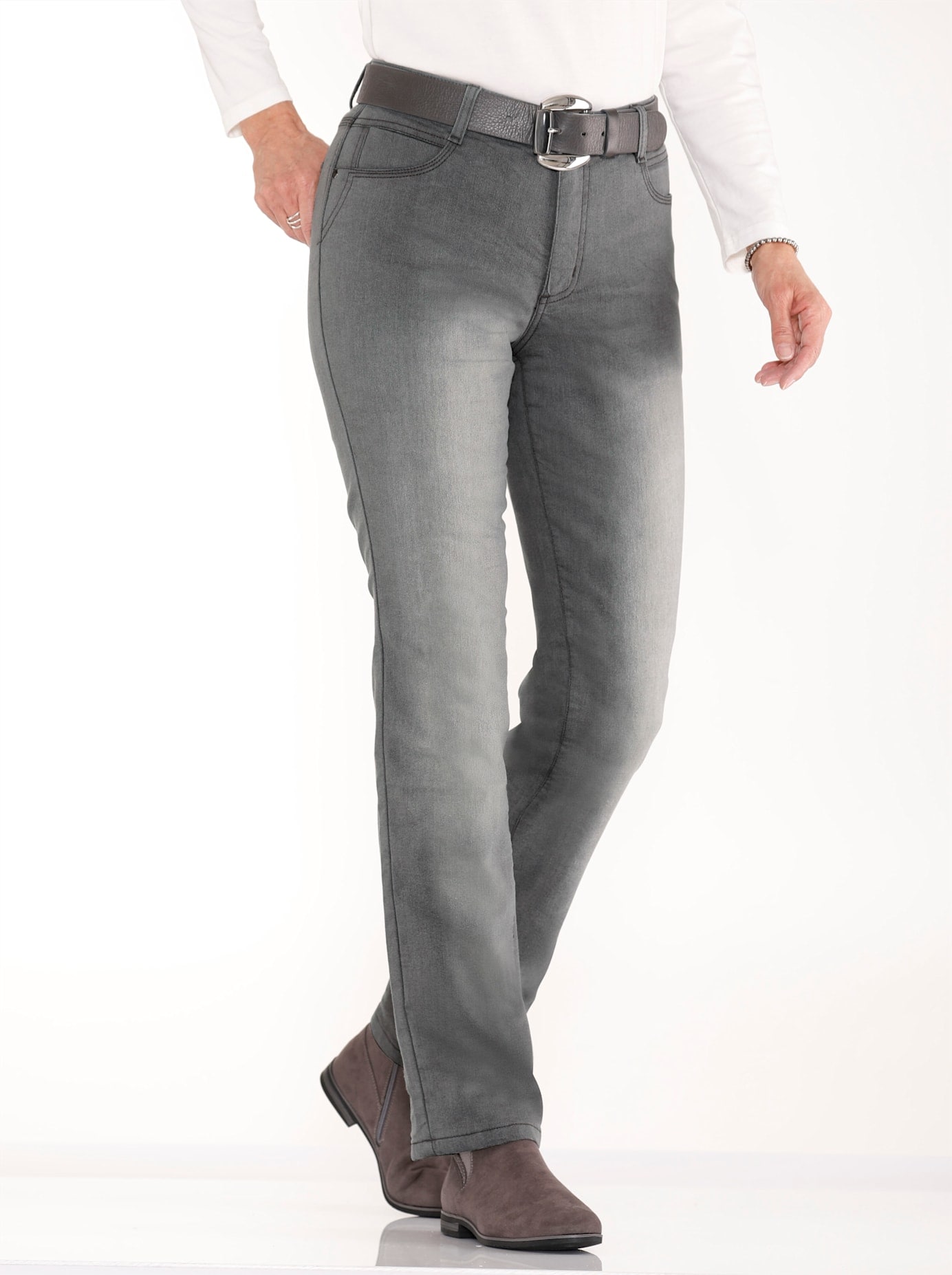Thermojeans CASUAL LOOKS, Damen, Gr. 48, Normalgrößen, grau (grau, denim), 81% Baumwolle, 17% Polyester, 2% Elasthan, unifarben, lang, Jeans Thermojeans