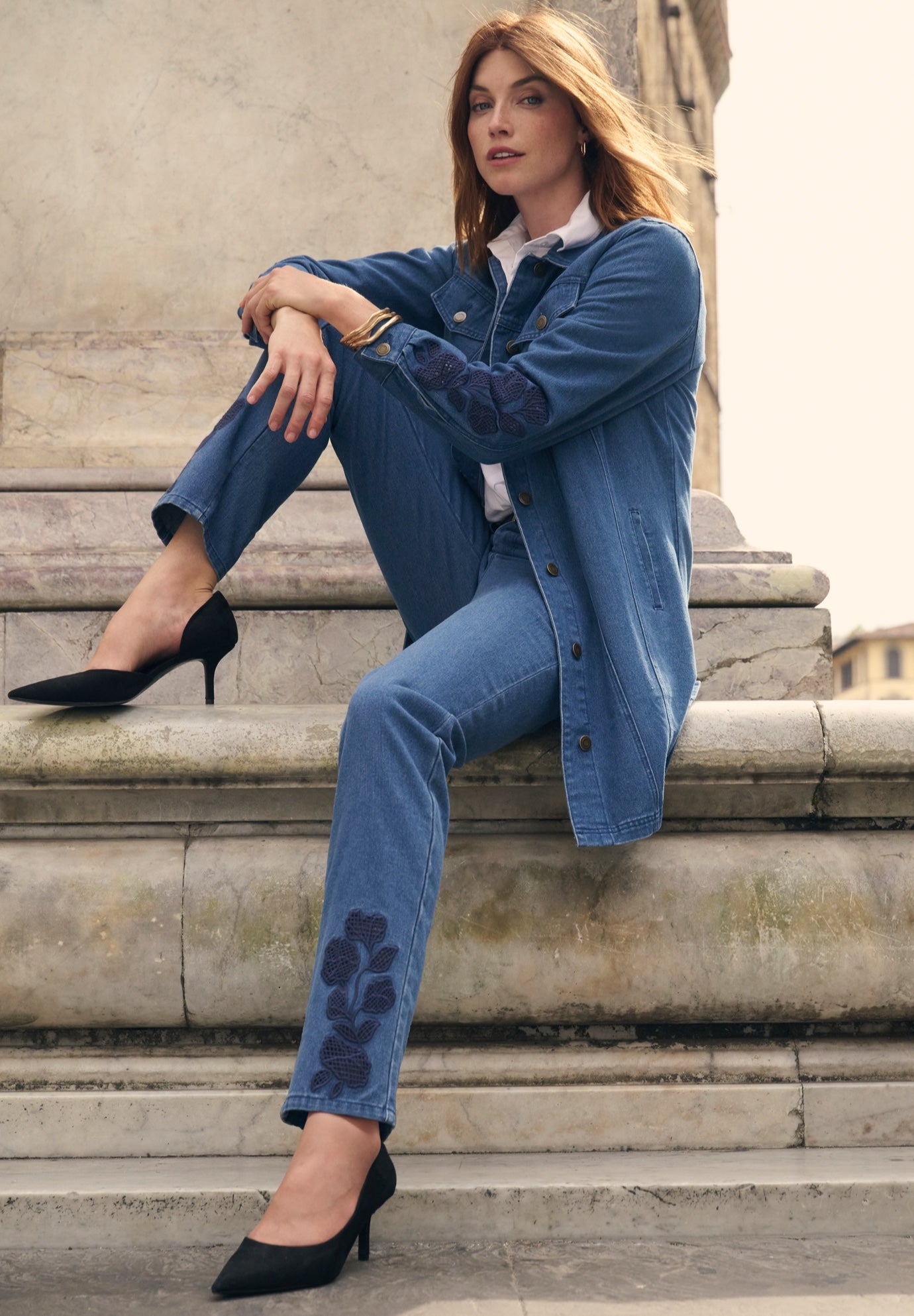 Plus Size Women's Classic Cotton Denim Straight-Leg Jean by Jessica London in Medium Stonewash Mesh Embroidery (Size 16) 100% Cotton