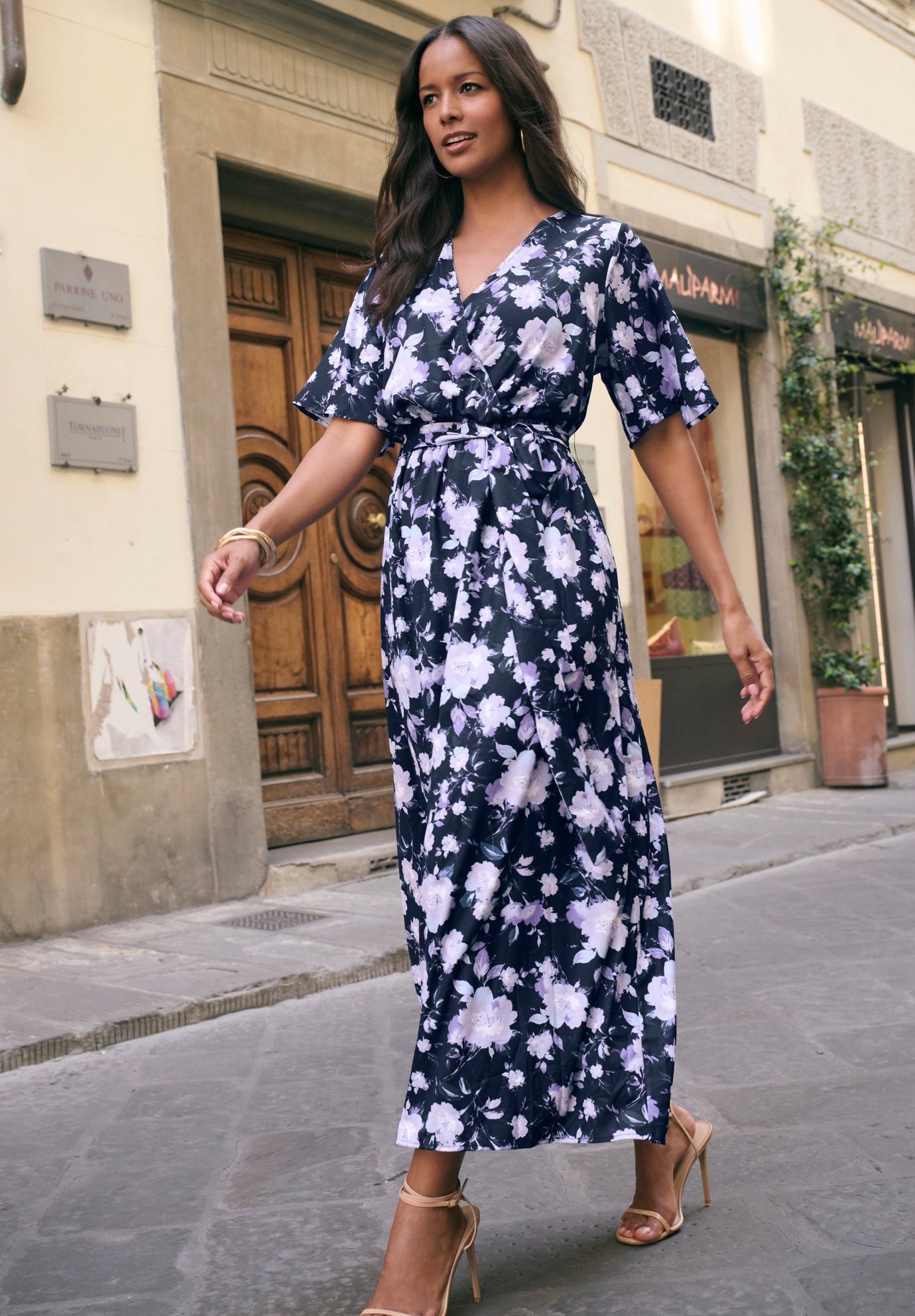 Plus Size Women's Georgette Faux Wrap Maxi Dress by Roaman's in Navy Watercolor Bloom (Size 18/20)