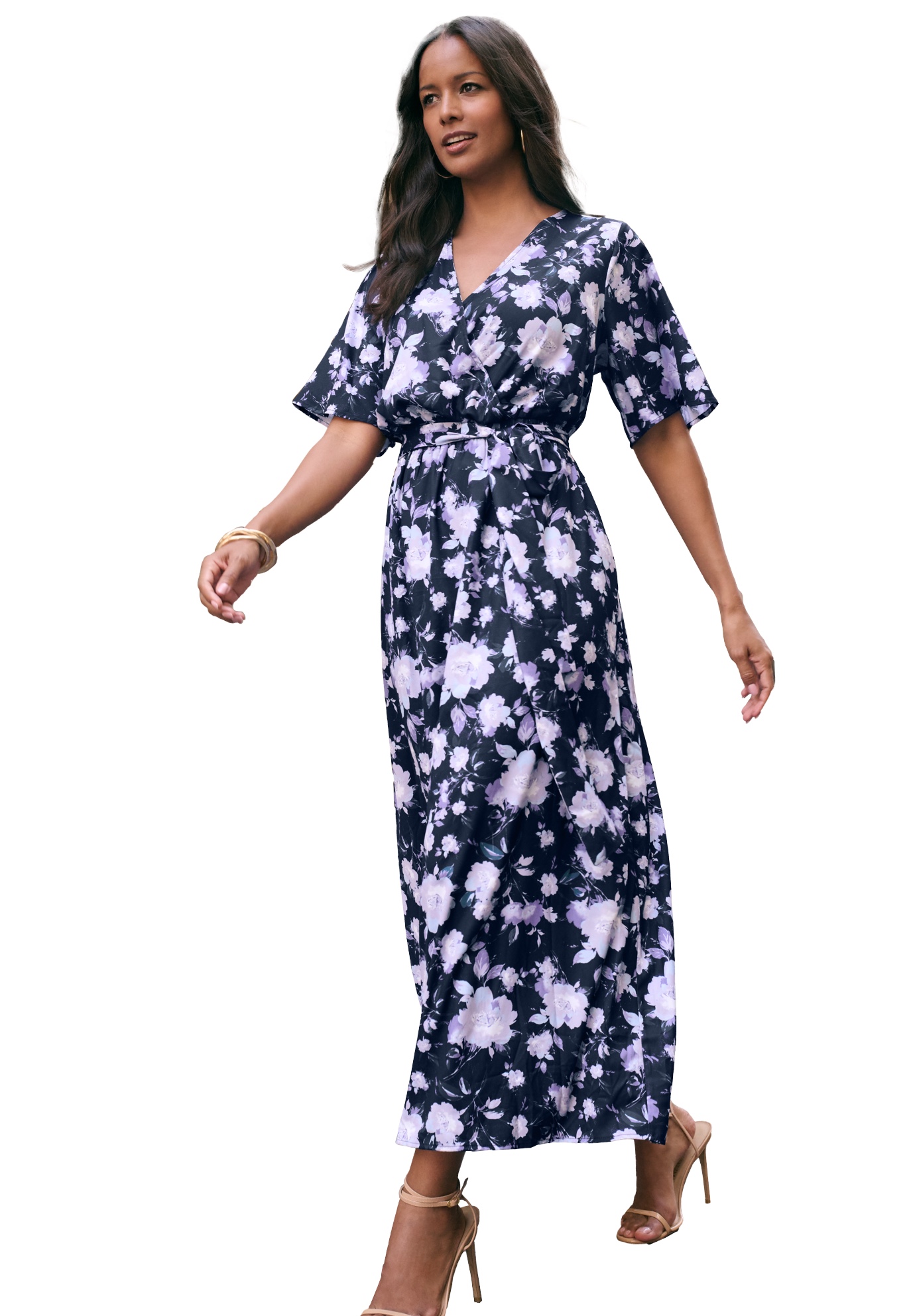 Plus Size Women's Georgette Faux Wrap Maxi Dress by Roaman's in Navy Watercolor Bloom (Size 22/24)