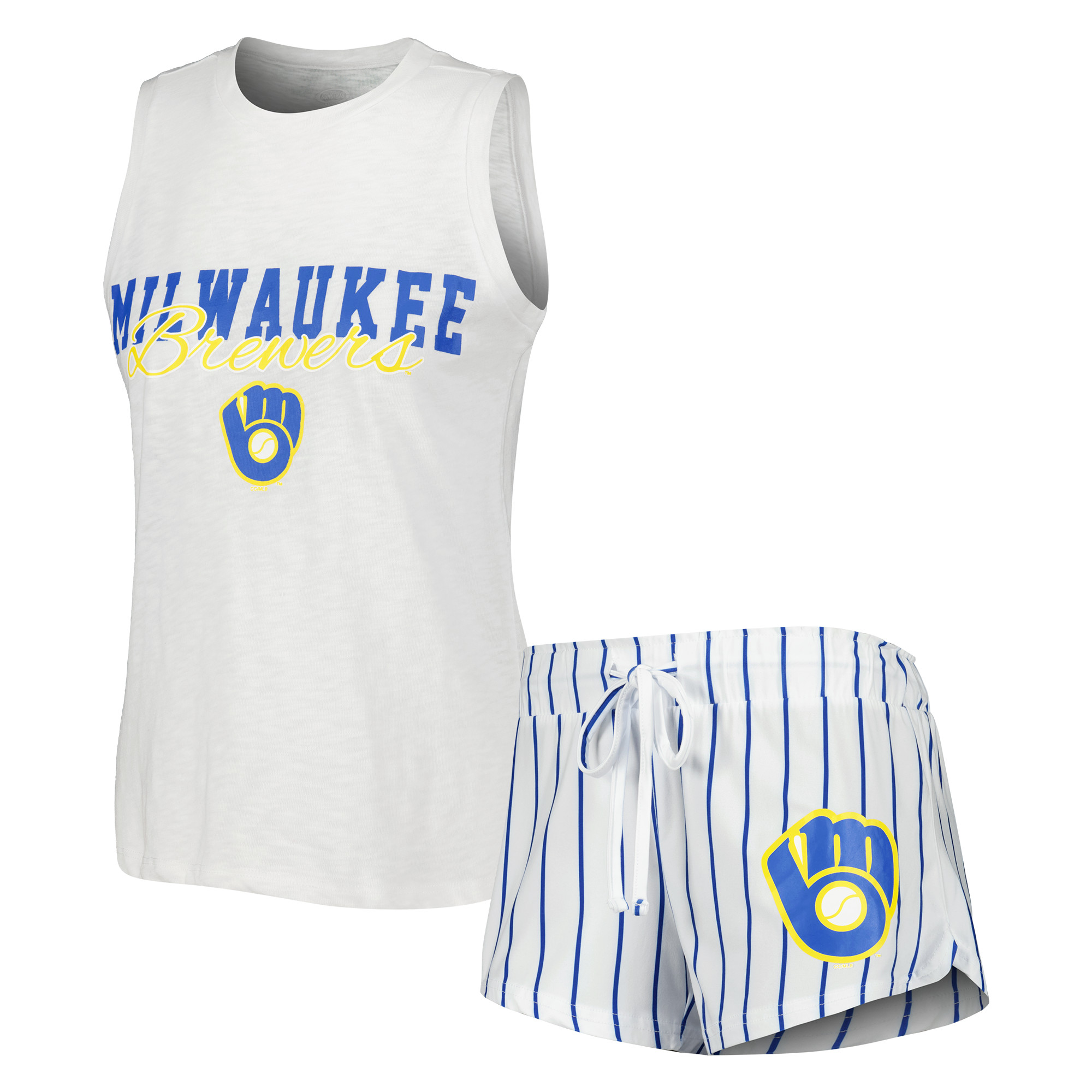 Concepts Sport Damen-Schlafanzug-Set: Weißes Milwaukee Brewers Reel Nadelstreifen-Tanktop und Shorts Image