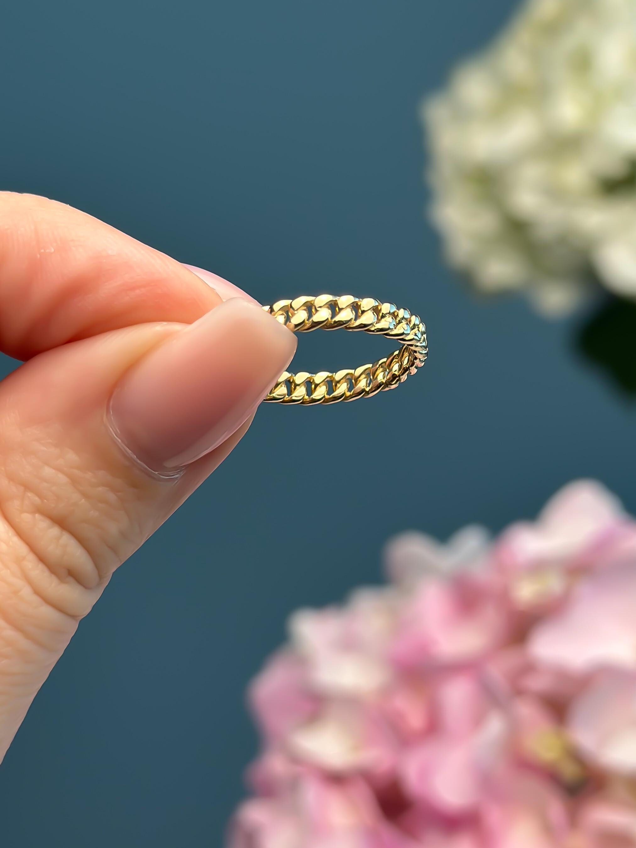 Anello a maglie cubane in oro massiccio 14k, lucidato, regalo per lei, donna, importante, anello impilabile, oro giallo 585, anello cubano Miami
