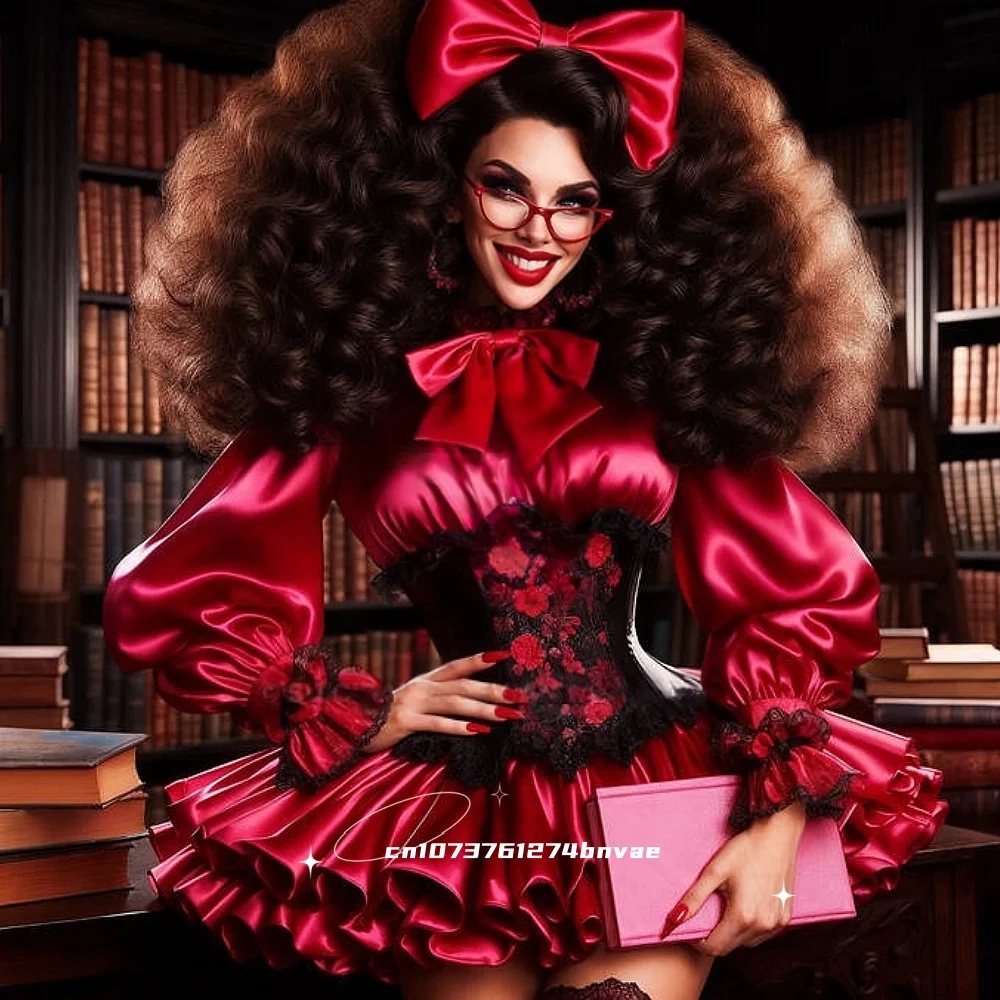 Vintage Red And Black Short Prom Dress Corset Long Sleeve Ruffle Mini Homecoming Dress High Collar Cosplay Party Gown Customized