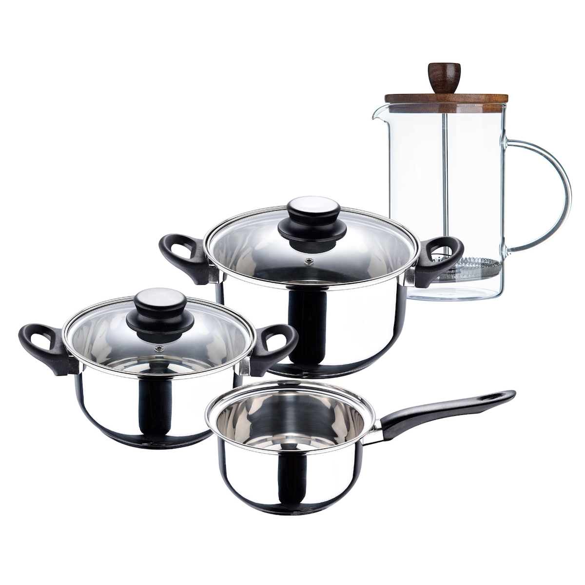 BERGNER - 5-teiliges Edelstahl-Kochgeschirr-Set, geeignet für Induktionsherde, mit French-Press-Kaffeekanne aus Borosilikatglas, 15,8 x 10 x 18,8cm Image
