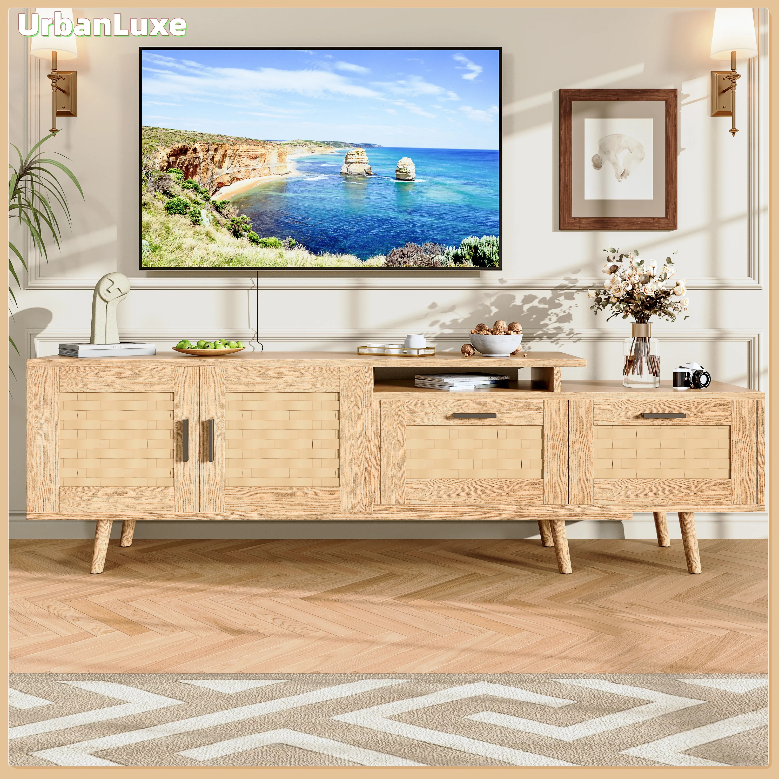 UrbanLuxe Meuble TV extensible, structure en bois massif, meuble TV en bambou tressé, meuble TV en bois massif, table d'appoint, couleur bois