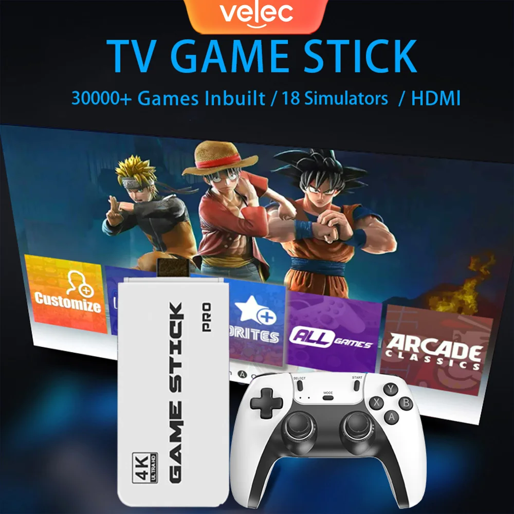 Velec M15 Game Stick 4K Mini Console de jeu vidéo rétro 20000 jeux intégrés manette de jeu sans fil contrôleur de jeu vidéo pour 2 joueurs