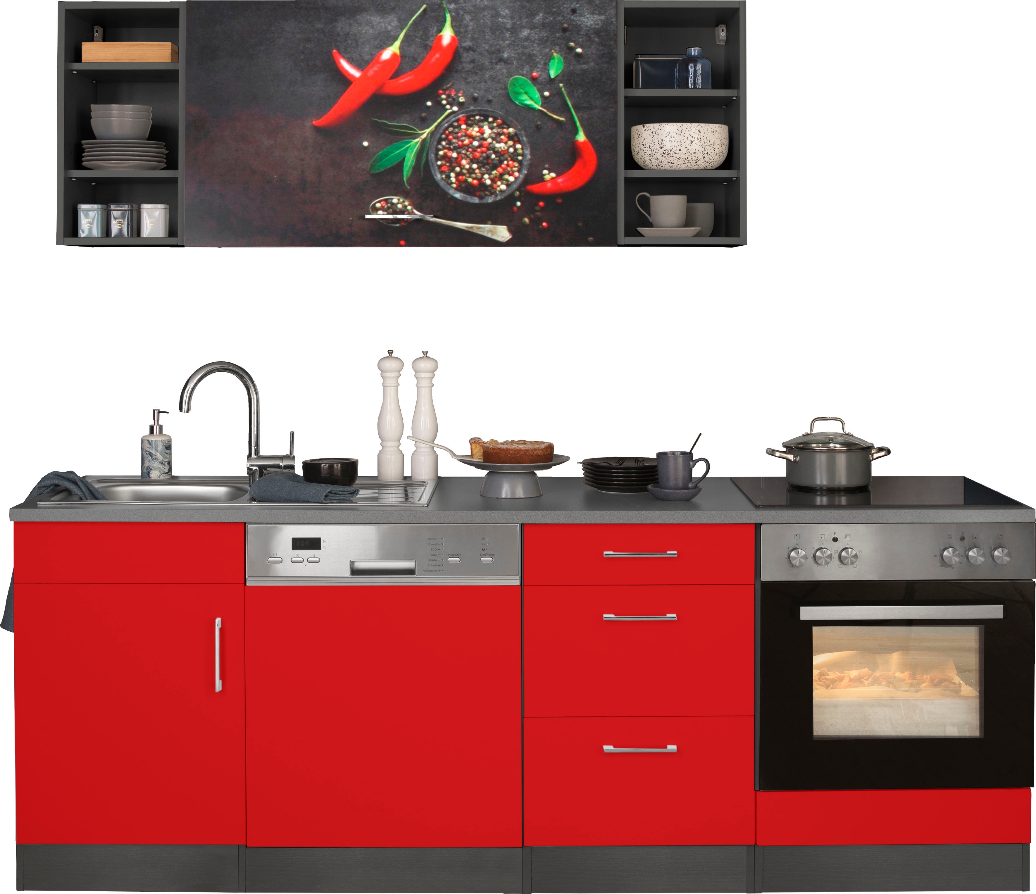 Küchenzeile KOCHSTATION "KS-Paris – Küchen mit einzigartigen Fotomotiven auf den Fronten", rot (küche: rot, front: rot, korpus: grafit, arbeitsplatte: anthrazit), B:220cm T:60cm, Komplettküchen-Sets, Küchenzeile, Breite 220 cm, wahlweise mit... Image