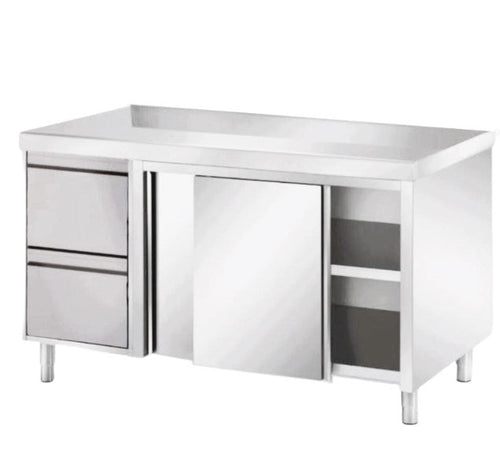 VM Europa Edelstahl Arbeitsschrank mit 2 Schubladen links, mit Zwischenboden - alle Größen montiert: 200 x 70 cm / ohne Aufkantung / fertig montiert Image