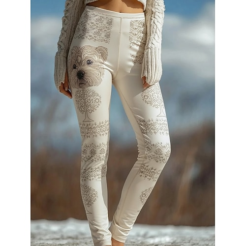 Damen Leggings Gemütliche Leggings Vintage Basic Lässig Volle Länge Hohe Taille Grafik Hund Drucken Bequem Hohe Elastizität Lässig Täglich Urlaub Beige Frühling Herbst Schmale Passform Image