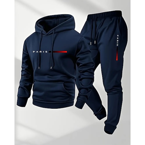 Herren 2-teiliger Trainingsanzug Sport-Jogginghose Kapuzenpullover mit Tasche Einfarbig Kombination Herbst Winter Dunkelgrau Marineblau Fitnessstudio Wandern Training Leicht Atmungsaktiv Langarm Sport Image