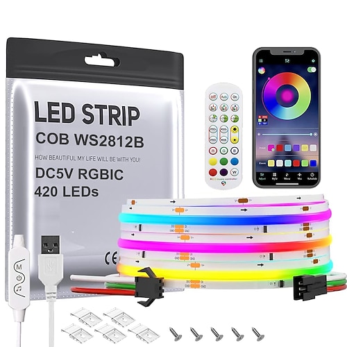 FCOB COB WS2812B IC RGB LED-Streifen DC 5V (optionaler Bluetooth Smart App-Controller) 1–5 m, einzeln adressierbar, 420 Pixel/m, 10IC Dream Color, IP30 (nicht wasserdicht), hohe Lichtdichte, 8,1 mm Image