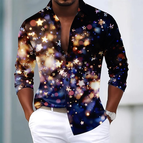 Weihnachten Herren Funkelnder Glitzer Weihnachtslicht Hemd Satinhemd Kleidhemd Langarm Modisch lässig Party Ferien Sommer Frühling Herbst Umlegekragen 3D-Druck Hemden mit Knopfleiste Blau Gelb Purpur Image