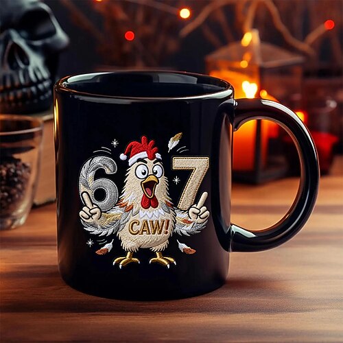 67 Meme-Becher, lustiges Geschenk, Kaffeebecher, urkomisches Huhn, das 6 präsentiert 7 Zahlen und ein toller Text – das perfekte festliche Geschenk für Freunde, Kollegen oder andere Feierlichkeiten. Image