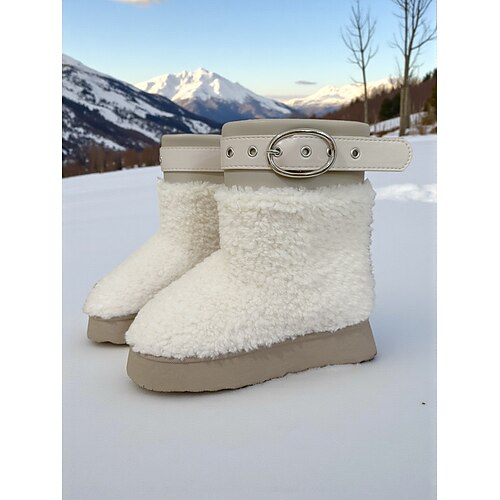 Kuschelige Damen-Schneestiefel aus Kunstfell – stylische braune Plateau-Stiefeletten mit Gürteldetail, bequem und warm für kaltes Wetter, Outdoor-Aktivitäten und Freizeitkleidung Image