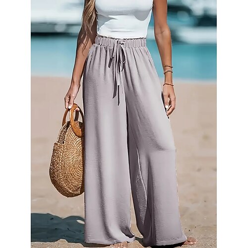 Damen Hose Sommerhose Baggy-Hosen Urlaub Mode Basic Volle Länge Hohe Taille Kordelzug Elastischer Bund Weites Bein Komfort Leicht Weich Unelastisch Strand Straße Lässig Hellgelb Schwarz Rosa Leicht Image
