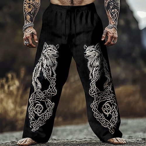 Herren Wolf Wikinger Keltische Kunst Hose Freizeithose Baggy-Hosen Mittlere Taille Vintage-Retro Lässig Outdoor Elastischer Kordelzug in der Taille Leinenähnliche Hose mit Taschen Frühling Herbst Image