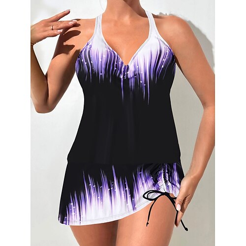 Frauen Tankini 2teilig Badeanzug Rock Bauch Kontrolle Hohe Taille Slim Rückenfrei Urlaub Strandbekleidung Ombre Halterhals Ohne Ärmel Badeanzüge Image