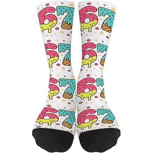 Lustige Socken mit dem 67-Meme, sportliche Crew-Socken, lässige, nahtlose Socken mit Print aus weichem, atmungsaktivem Material, bequemer Alltags-Sportstil zum Gehen, Laufen und fürs Fitnessstudio. Image