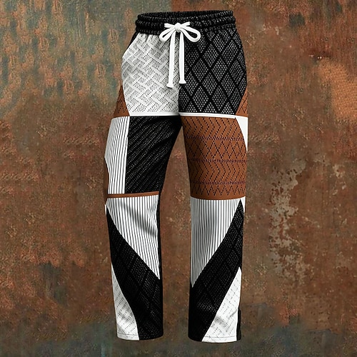 Herren Jogginghose Hose Gerade geschnittene Sweatpants Kordelzug Tasche Elastischer Bund Geometrisch Komfort Weich Volle Länge Outdoor Lässig Täglich Urlaub Mode Braun Mikroelastisch Image