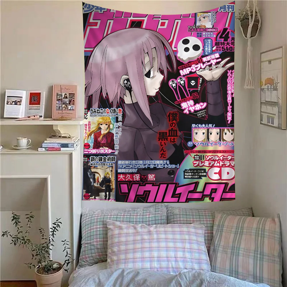 Soul Eater Hippie Flower Wandteppich – Anime-Grafiken + Hippie-Blumen, geeignet für Wohnheime-Wände und Hippie-inspirierte Räume