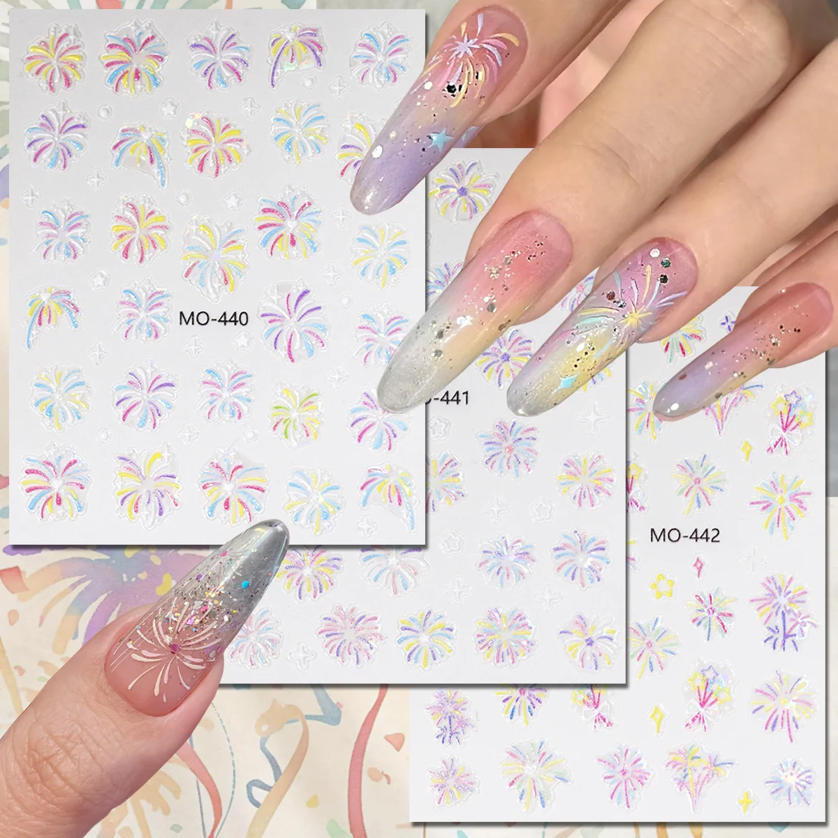 3/6 Blatt Feuerwerk Nail Art Aufkleber Regenbogen holographische Explosion Aufkleber Stern Sparkle Nagelaufkleber für Frauen DIY Image