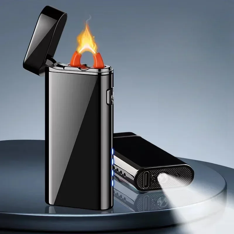 Metallbogen-Feuerfeuerzeug, USB wiederaufladbar, Plasma, flammenloses Feuerzeug, Leistungsanzeige, LED-Blinklicht, elektrische Feuerzeuge vom Typ C Image