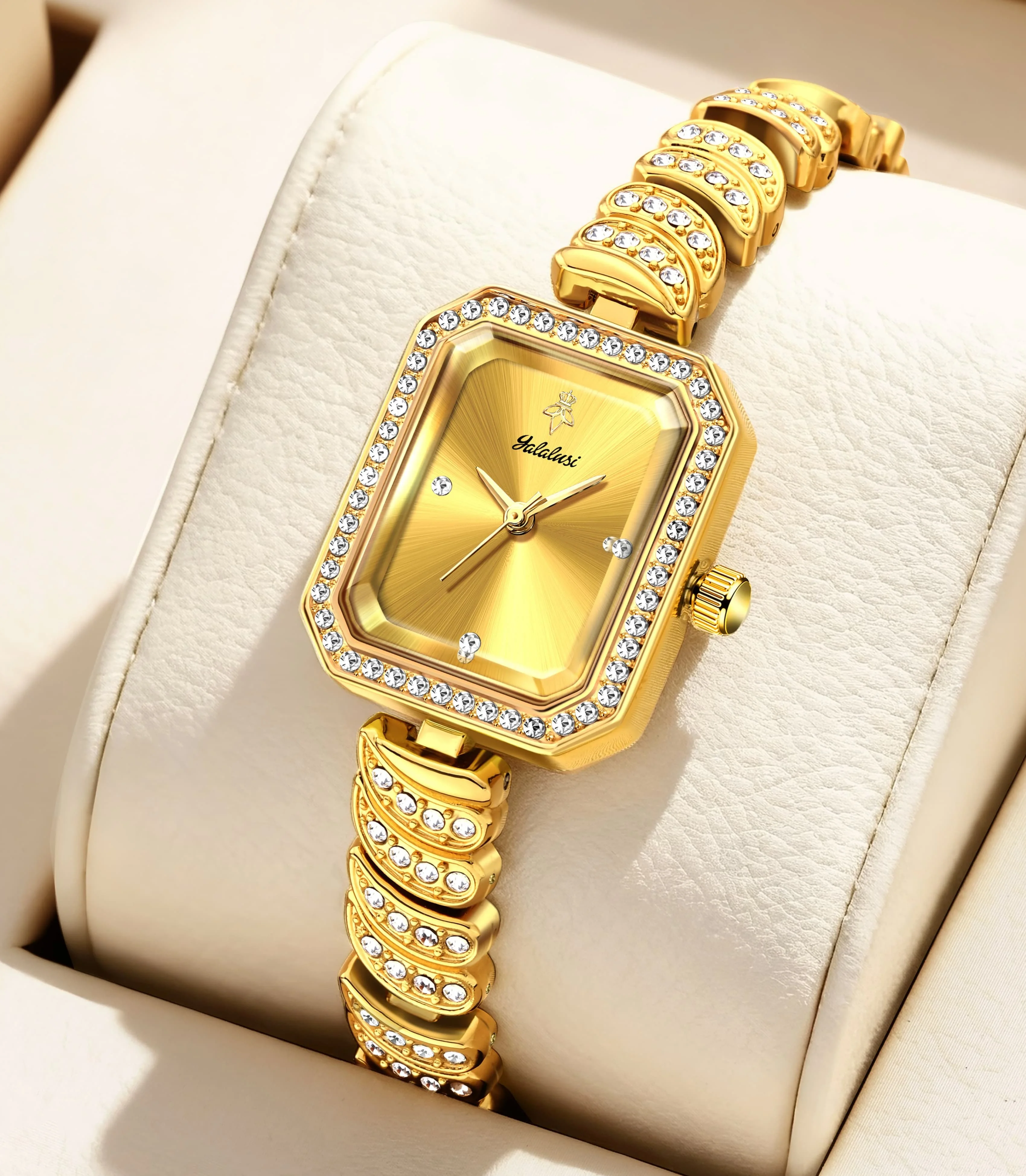 YaLaLuSi Marke 1, Vintage-Luxus-Damen-Quarz-Armbanduhr, vergoldetes Finish, Geschenkbox inklusive Riemenversteller und Stoff Image