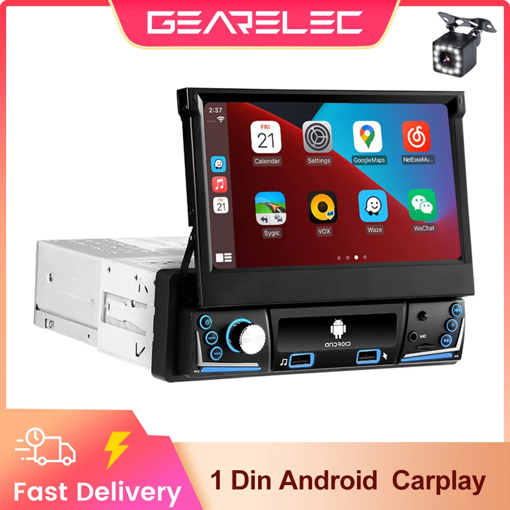 Carplay 1 Din Autoradio Android 7 Zoll Auto Multimedia-Player Universal Autoradio versenkbarer Bildschirm Bluetooth Wifi GPS Image