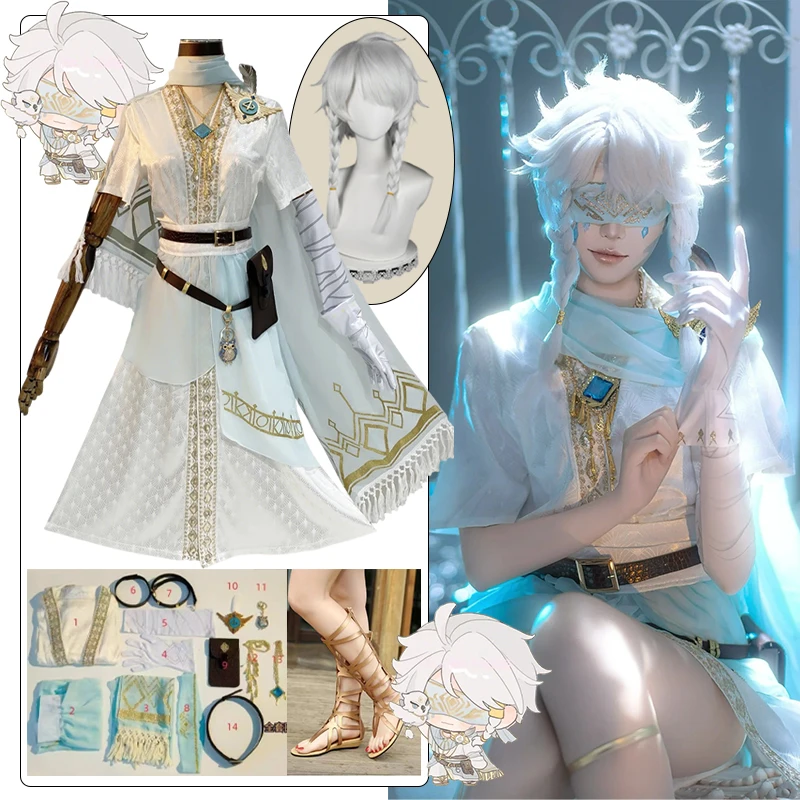 Seer Cosplay Spiel Identität V Kostüm Mittelalter Retro Weiß Wunderschöne Kampfuniform Anime Party Rolle Outfits Perücke Schuh Requisite Anzüge