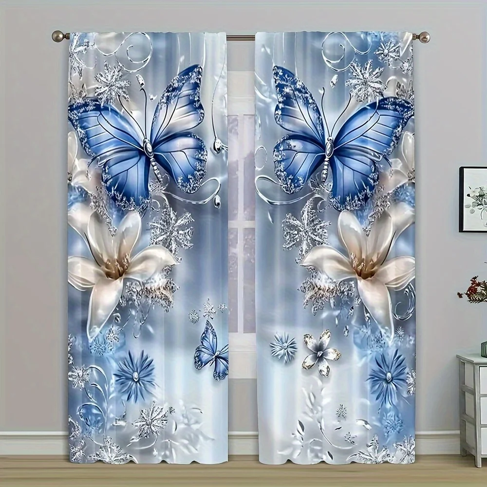 Blaue Blumen-Schmetterlingsvorhänge, 2er-Set mit Stangentasche für Schlafzimmer, Wohnzimmer, elegante, romantische, transparente Vorhänge Image