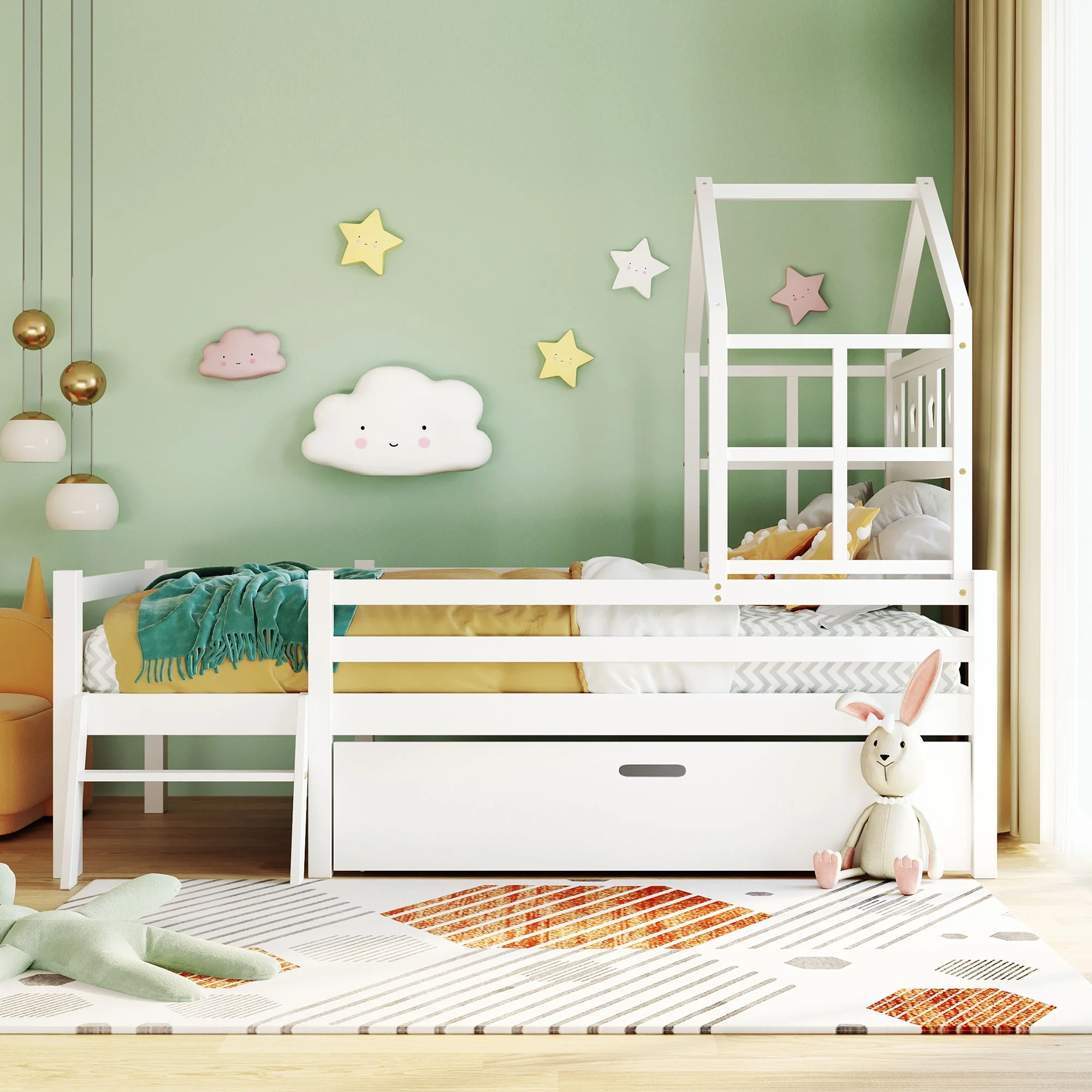 KOMHTOM Hausbett Kinderbett 90x200 cm Weiß - Massivholz Hochbett mit Leiter, Schubladen, Rausfallschutz, ohne Matratze