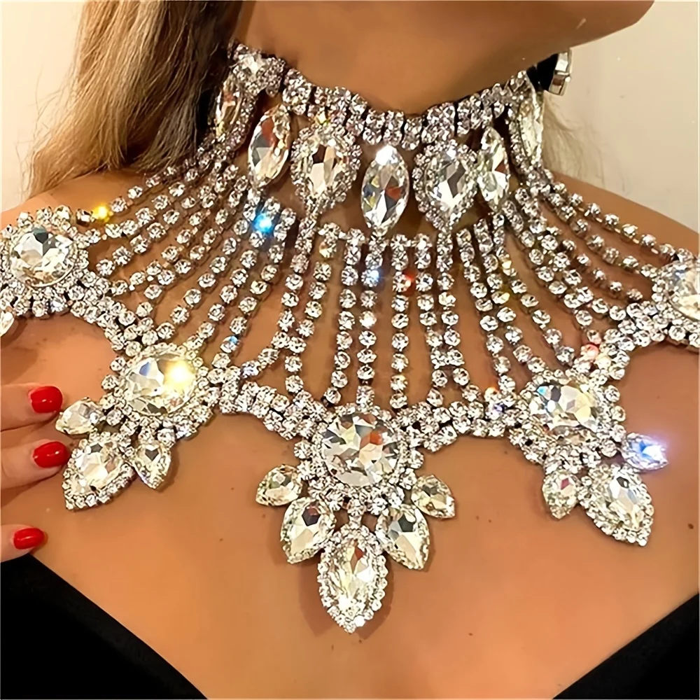 Übertriebene wunderschöne Bling-Glaskristall-Halskette, luxuriöse große Halskette, Braut- und Hochzeitsschmuck, Abendkleid, Party-Halskette Image