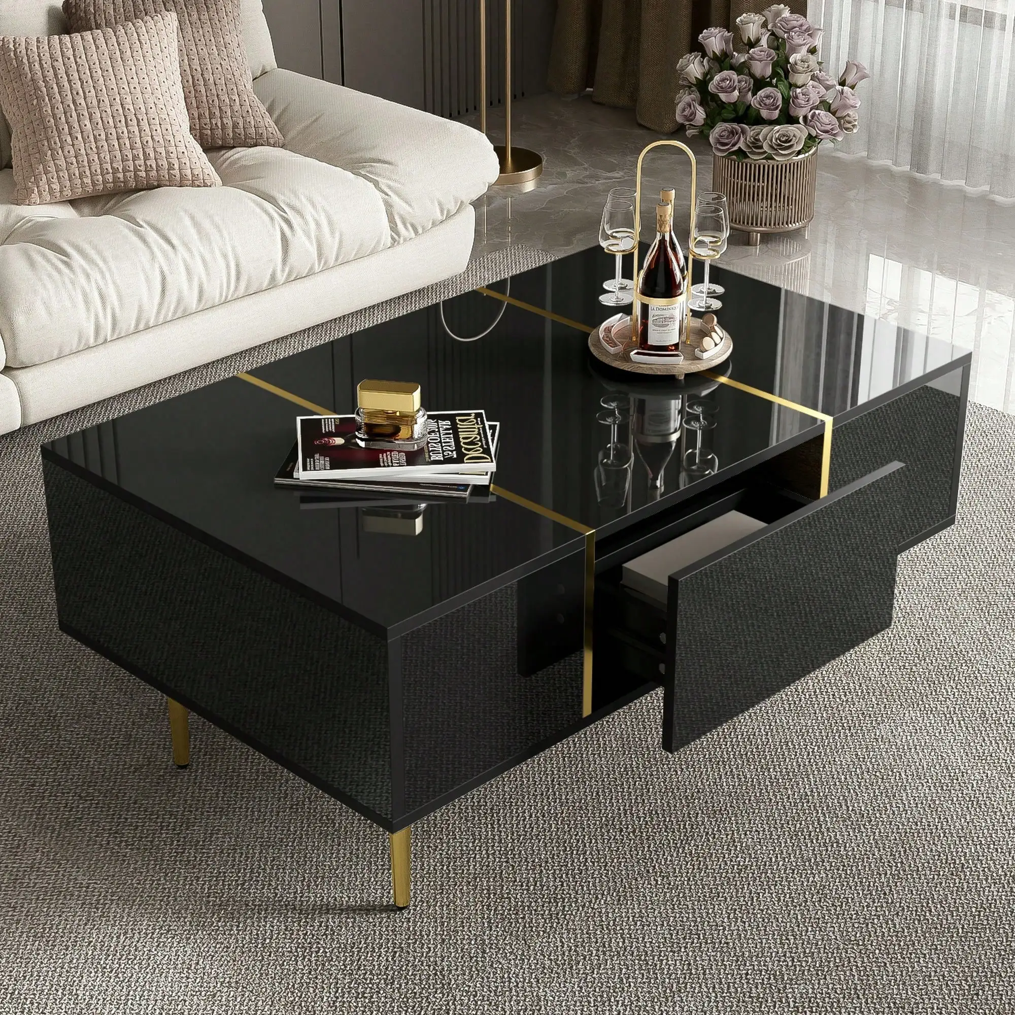 CJ ZdΜ libreΜ Rechteckiger Couchtisch, Wohnzimmertisch mit 2 Schubladen, Couchtisch aus Holz mit goldenen Akzenten, 100 x 60 x 41,5 cm