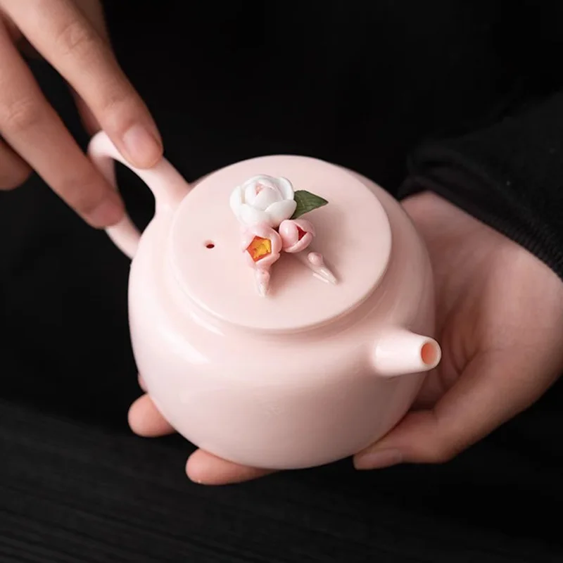 Pink mud Xishi teapot Kung Fu tea set Single household hand-pinched flower large ceramic girl tea single pot