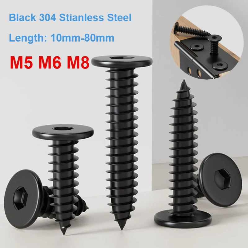 M5 M6 M8 Schwarz 304 Edelstahl Super Ultra Thin Hex Socket Flachkopfschraube Selbstschneidende Holzschrauben Länge 10 mm-80 mm Image