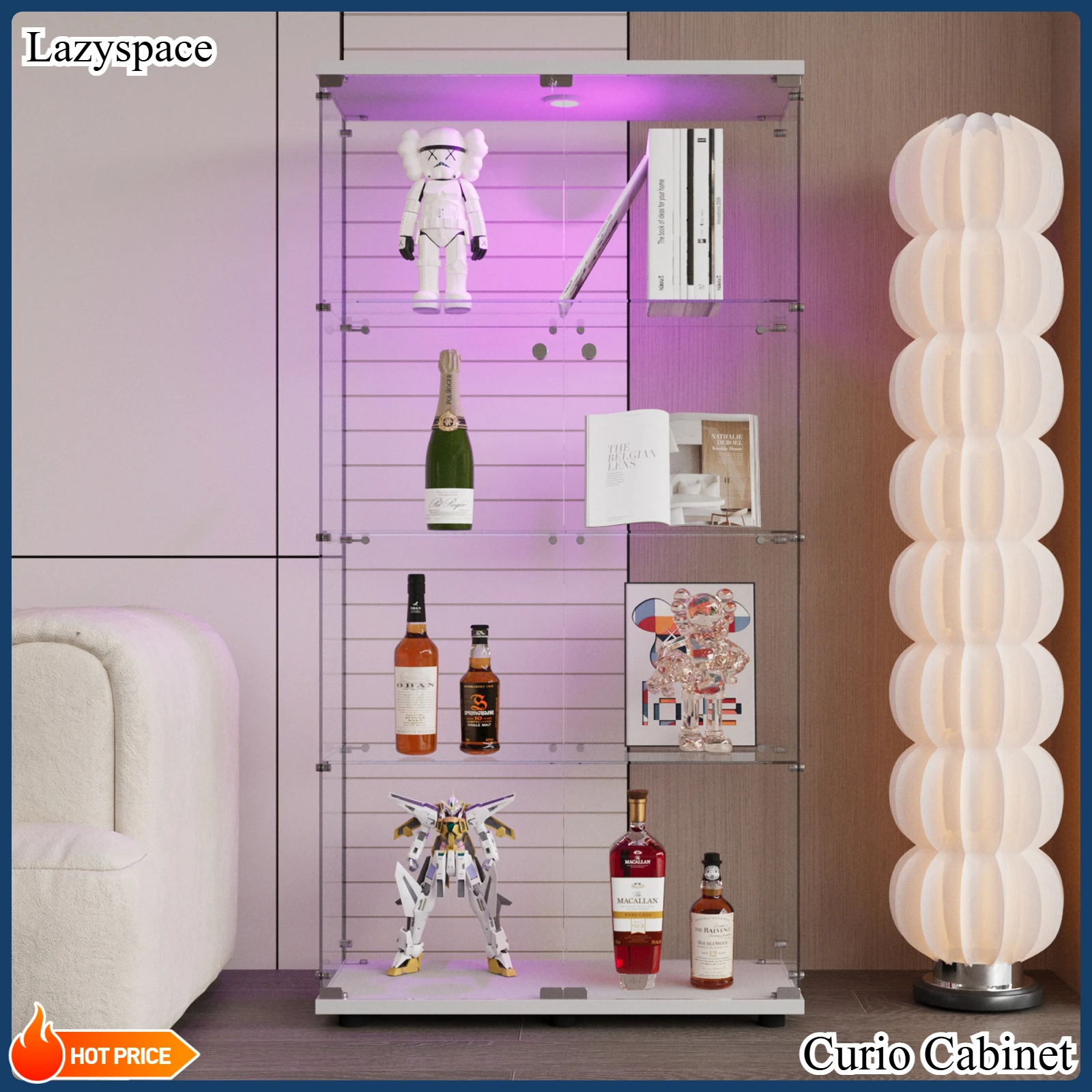Lazyspace LED-Glasvitrine, mit 4 Regalen, 2-türiger Curio-Schrank, bodenstehendes Bücherregal, für Wohnzimmer, Büro