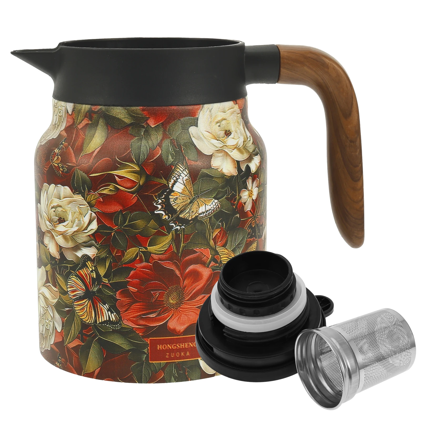 Vintage-Teekanne mit Blumenmuster, isolierte Teekanne aus Edelstahl, integriertes Teesieb, 1000 ml, Thermokaraffe mit Deckel für heiße Getränke Image