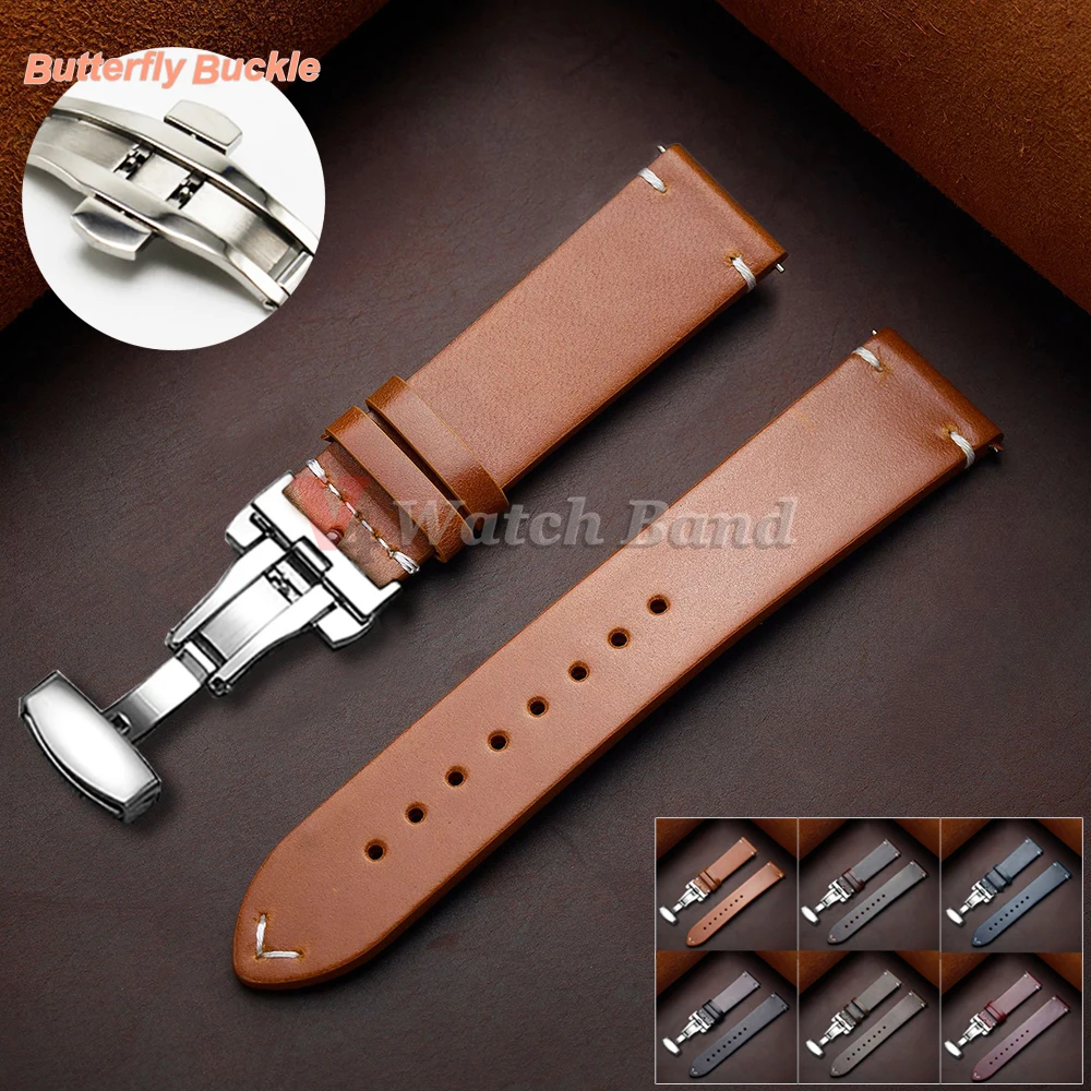 Stitching Oil Wax Rindslederarmband für Omega 18/19/20/21/22/24 mm Armband für Seiko Vintage Leder Uhrenarmband Schmetterlingsschnalle Image