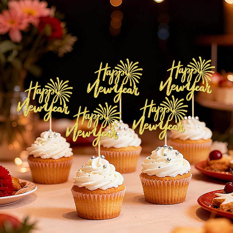 YOMDID 24 Stück Happy New Year Cupcake-Topper, glitzernde Neujahrs-Kuchenaufsätze, Neujahrs-Party-Design für Weihnachts-Cupcake-Picks Image